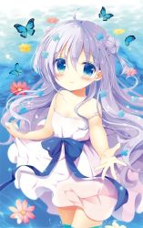 Rule 34 | 1girl, ahoge, animal, aono ribbon, bare arms, bare shoulders, blue bow, blue eyes, blue hair, blurry, blurry background, blush, bow, bug, butterfly, closed mouth, commentary request, depth of field, double bun, dress, flower, flower on liquid, gochuumon wa usagi desu ka?, hair between eyes, hair bun, hair flower, hair ornament, insect, kafuu chino, long hair, pink flower, red flower, skirt hold, sleeveless, sleeveless dress, smile, solo, strap slip, sundress, two side up, very long hair, wading, water, white dress, yellow flower