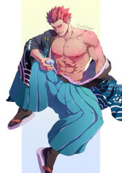 Rule 34 | 1boy, abs, alcohol, artist name, bara, biceps, blue kimono, choko (cup), creatures (company), cup, evinist, game freak, hakama, highres, japanese clothes, kimono, lance (new year&#039;s 2021) (pokemon), lance (pokemon), large pectorals, looking at viewer, male focus, manly, mature male, muscular, muscular male, nintendo, nipples, one eye closed, pectorals, pokemon, pokemon masters ex, red eyes, red hair, sake, sandals, signature, simple background, sitting, smile, socks, solo, spread legs, thick arms, yukata