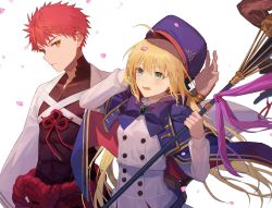Rule 34 | 1boy, 1girl, ahoge, artoria caster (fate), artoria caster (second ascension) (fate), artoria pendragon (fate), blonde hair, blue ribbon, blush, cherry blossoms, cloak, coat, fate/grand order, fate (series), green eyes, highres, holding, holding staff, kikageee, looking at another, nagatekkou, petals, red hair, ribbon, rope, senji muramasa (fate), senji muramasa (second ascension) (fate), shimenawa, simple background, staff, sweatdrop, upper body, white background, wind, yellow eyes