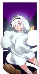 Rule 34 | 1girl, alternate costume, bed sheet, black bow, black hairband, blush, bob cut, border, bow, garasuno, ghost costume, hairband, halloween, halloween costume, highres, konpaku youmu, long sleeves, looking at viewer, night, one eye covered, open mouth, pumpkin, short hair, silver hair, solo, thighs, touhou, town, very long sleeves, white border