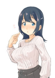 Rule 34 | 1girl, alternate costume, alternate hairstyle, black hair, black skirt, blue eyes, blush, commentary request, cowboy shot, fyuo, hair down, highres, kantai collection, long hair, long sleeves, looking at viewer, pleated skirt, ribbed sweater, simple background, skirt, solo, souryuu (kancolle), sweater, white background, white sweater