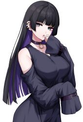 Rule 34 | 1girl, absurdres, black choker, black hair, blunt bangs, bocchi the rock!, breasts, chin piercing, choker, clothing cutout, colored inner hair, commentary, dress, ear piercing, goth fashion, highres, kushinaka, large breasts, long hair, multicolored hair, pa-san, piercing, purple hair, shoulder cutout, sleeves past fingers, sleeves past wrists, solo, two-tone, white background