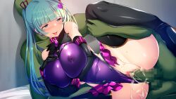 Rule 34 | 1girl, belt collar, blue eyes, blush, breasts, censored, clothing aside, collar, colored skin, covered erect nipples, covered navel, cum, cum in pussy, eyebrows hidden by hair, fujisaki satsuki, game cg, green hair, green skin, groin, indoors, large breasts, leg up, legs, leotard, leotard aside, lying, monster, mosaic censoring, on side, orc, original, penis, pussy, see-through, seijun hero x bitch ochi!!, sex, simple background, smile, thighhighs, thighs, torisan, twintails, vaginal