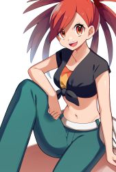 Rule 34 | 1girl, belt, blue pants, commentary, creatures (company), crop top, flannery (pokemon), game freak, hand on own knee, highres, knee up, midriff, navel, nintendo, open mouth, pants, pokemon, pokemon oras, ponytail, red eyes, red hair, shirt, short sleeves, sitting, smile, solo, teeth, tied shirt, upper teeth only, yuihico