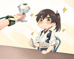 Rule 34 | 10s, 1girl, :&lt;, blush, brown eyes, brown hair, chair, clenched hand, closed mouth, commentary request, dessert, food, holding, holding spoon, ice cream, ice cream scoop, ice cream spoon, japanese clothes, kaga (kancolle), kantai collection, kimono, long hair, side ponytail, simple background, solo focus, sora (sky s04), sparkle, sparkling eyes, spoon, sweatdrop, table, tasuki, zuikaku (kancolle)