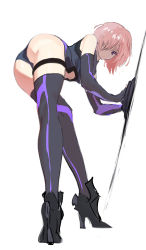 Rule 34 | 1girl, absurdres, ass, black footwear, black gloves, black leotard, boots, breasts, elbow gloves, fate/grand order, fate (series), gloves, hair over one eye, high heel boots, high heels, highres, leaning forward, leotard, looking at viewer, lord camelot (fate), mash kyrielight, medium breasts, nomad (newold0618), purple eyes, purple hair, short hair, sketch, solo, thigh strap, thighs