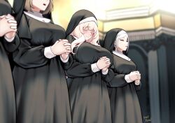 Rule 34 | 4girls, absurdres, blanche neige (svet yomi), blush, breasts, catholic, closed eyes, dress, faceless, faceless female, habit, highres, large breasts, long dress, long hair, long sleeves, medium breasts, multiple girls, nun, original, own hands clasped, own hands together, palms together, praying, short hair, svet yomi, traditional nun, wavy hair, white hair