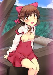 Rule 34 | 1girl, blush, bow, breasts, breasts apart, breasts out, brown hair, cloud, collared shirt, commentary request, day, dress, fang, feet out of frame, flying sweatdrops, gegege no kitarou, gegege no kitarou 5, grass, hair bow, katori (mocchidou), legs together, looking at viewer, nekomusume, nekomusume (gegege no kitarou 5), open clothes, open mouth, open shirt, outdoors, pointy ears, red bow, red dress, shirt, short dress, short hair, sitting, sleeveless, sleeveless dress, small areolae, small breasts, small nipples, smile, solo, strap slip, sweatdrop, white shirt, yellow eyes