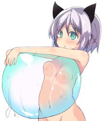 Rule 34 | 1girl, :o, animal ears, aqua eyes, atahuta, bad id, bad twitter id, ball, blush, breast press, breasts, cat ears, groin, navel, nipples, nude, out-of-frame censoring, sanya v. litvyak, short hair, silver hair, small breasts, solo, strike witches, sweat, transparent, upper body, white background, world witches series