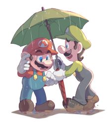 Rule 34 | 2boys, blue eyes, blue pants, brothers, brown footwear, brown hair, buttons, closed umbrella, facial hair, full body, gloves, green headwear, green shirt, green umbrella, hand up, hat, holding, holding umbrella, hoshikuzu pan, long sleeves, looking at another, luigi, male focus, mario, mario (series), mud, multiple boys, mustache, nintendo, open mouth, overalls, pants, profile, puddle, rain, raised eyebrows, red headwear, red shirt, red umbrella, shirt, shoes, short hair, siblings, simple background, standing, super mario bros. 1, teeth, umbrella, upper teeth only, white background, white gloves
