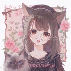 Rule 34 | animal ears, bad id, bad twitter id, bow, braid, brown eyes, brown hair, cat, cat ears, cat girl, commentary, commentary request, commission, copyright request, english text, flower, glasses, hair bow, hair intakes, hair ribbon, highres, leaf, maccha (mochancc), open mouth, ribbon, simple background, solo, tagme, white background