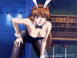 Rule 34 | 1996, 1girl, animal ears, bar (place), bar stool, bare shoulders, black leotard, black pantyhose, bottle, bow, bowtie, breasts, brown eyes, brown hair, ceiling, cleavage, copyright name, copyright notice, cowboy shot, cup, dated, detached collar, drinking glass, facing viewer, fake animal ears, hand on own thigh, indoors, juliana (megami paradise), leaning forward, leotard, long hair, looking at viewer, matching hair/eyes, medium breasts, megami paradise, nail polish, nec corporation, official art, one eye closed, open mouth, pantyhose, playboy bunny, rabbit ears, red nails, solo, stool, strapless, strapless leotard, very long hair, wine glass, wink, wrist cuffs