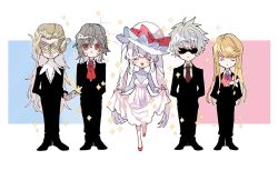 Rule 34 | 1girl, 1other, 3boys, :&lt;, @ @, alternate costume, antonio salieri (fate), arms behind back, ayatsuku82, bad id, bad twitter id, blonde hair, cellphone, charles-henri sanson (fate), chevalier d&#039;eon (fate), closed eyes, commentary, facing viewer, fate/grand order, fate (series), formal, grey hair, hat, highres, holding, holding phone, long hair, long sleeves, marie antoinette (fate), mask, multiple boys, necktie, open mouth, phone, red eyes, short hair, smile, sparkle, standing, suit, sunglasses, sweat, taking picture, very long hair, white hat, wolfgang amadeus mozart (fate)