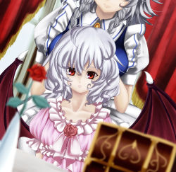 Rule 34 | 2girls, :o, adapted costume, apron, bat wings, blurry, braid, breasts, brooch, collarbone, curtains, depth of field, dress, dutch angle, eyelashes, female focus, flower, frills, hairdressing, highres, izayoi sakuya, jewelry, large breasts, leaf, light purple hair, lips, looking at viewer, multiple girls, no headwear, no headwear, pink dress, puffy sleeves, red eyes, red flower, red rose, remilia scarlet, rose, short hair, short sleeves, silver hair, sitting, smile, standing, touhou, twin braids, untue, vase, window, wings