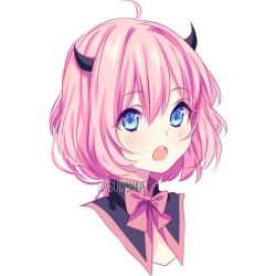 Rule 34 | 1girl, ahoge, artist name, black horns, blue eyes, blush, bow, bowtie, cropped head, hair between eyes, horns, looking at viewer, open mouth, original, pink bow, pink bowtie, pink hair, rina (sasucchi95), sasucchi95, short hair, solo, teeth, turtleneck, upper teeth only, white background