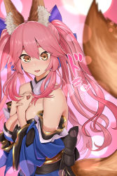 Rule 34 | 1girl, absurdres, animal ear fluff, animal ears, bare shoulders, blue kimono, blue ribbon, blush, breasts, cleavage, commentary, commentary request, detached sleeves, fang, fate/extella, fate/extra, fate/extra ccc, fate/grand order, fate (series), fox ears, fox girl, fox tail, hair ribbon, highres, japanese clothes, kimono, large breasts, looking at viewer, open mouth, pink hair, ribbon, shirofugu, solo, tail, tamamo (fate), tamamo no mae (fate/extra), yellow eyes