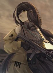 Rule 34 | 1girl, black gloves, black hair, black skirt, breasts, brown sweater vest, closed mouth, clothes pull, colt 9mm smg, gas mask, girls&#039; frontline, gloves, gun, hair ornament, hairclip, haonfest, heterochromia, holding, holding gun, holding weapon, id card, jacket, jacket pull, long hair, long sleeves, looking away, mask, mask around neck, medium breasts, multicolored hair, red eyes, ro635 (girls&#039; frontline), ro635 (mod3) (girls&#039; frontline), skirt, solo, streaked hair, submachine gun, sweater vest, upper body, weapon, yellow eyes, yellow jacket
