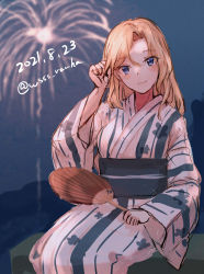 Rule 34 | 1girl, alternate costume, blonde hair, commentary request, cowboy shot, dated, fireworks, grey eyes, hand fan, hornet (kancolle), japanese clothes, kantai collection, kimono, long hair, looking at viewer, night, one-hour drawing challenge, paper fan, sitting, smile, solo, striped clothes, striped kimono, twitter username, uchiwa, white kimono, wss (nicoseiga19993411), yukata