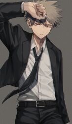 Rule 34 | 1boy, akiyama (noconoco), arm up, bakugou katsuki, belt, belt buckle, black belt, black jacket, black necktie, black pants, blonde hair, boku no hero academia, buckle, buttoned cuffs, buttons, collared shirt, commentary request, dress shirt, formal, grey background, hair between eyes, highres, jacket, lapels, long sleeves, looking at viewer, loose necktie, male focus, necktie, open clothes, open jacket, pants, parted lips, red eyes, shirt, shirt tucked in, short hair, simple background, solo, spiked hair, suit, v-shaped eyebrows, white shirt, wing collar