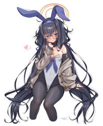 Rule 34 | 1girl, absurdres, adapted costume, animal ears, bare shoulders, black hair, black pantyhose, blue archive, blue eyes, blush, bow, breasts, cleavage, closed mouth, collarbone, detached sleeves, eyewear strap, fake animal ears, glasses, hairband, hattori masaki, heart, highleg, highres, jacket, leotard, long hair, long sleeves, looking at viewer, medium breasts, off shoulder, pantyhose, playboy bunny, purple eyes, rabbit ears, signature, skindentation, sleeves past wrists, smile, solo, spoken heart, strapless, strapless leotard, ui (blue archive), very long hair, white background, white leotard