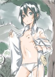 Rule 34 | 1girl, black hair, breasts, expressionless, female focus, highres, kino (kino no tabi), kino no tabi, motor vehicle, motorcycle, nature, nipples, open clothes, open shirt, outdoors, panties, see-through, short hair, small breasts, solo, topless, tree, umashio, underwear, wet, wet clothes, white panties