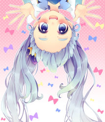 Rule 34 | 10s, 1girl, blue eyes, blue hair, crown, cure princess, gradient background, hairline, happinesscharge precure!, long hair, magical girl, matching hair/eyes, mini crown, pink background, polka dot, polka dot background, portrait, precure, shirayuki hime, sidelocks, smile, solo, twintails, upside-down, uzuki aki, white background