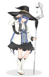 Rule 34 | 1girl, absurdres, black hat, black ribbon, black skirt, black socks, blue eyes, blue hair, boots, braid, capelet, crystal, dot mouth, flat chest, full body, grey shirt, hair between eyes, hair ribbon, hand on headwear, hat, highres, holding, holding staff, humany, jacket, light blush, looking at viewer, mage staff, mushoku tensei, ribbon, roxy migurdia, shirt, simple background, skirt, socks, solo, staff, twin braids, white background, white capelet, white footwear, white jacket, witch hat