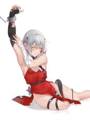 Rule 34 | 1girl, absurdres, armpits, bandaged arm, bandages, belt, black nails, collar, cuffs, dress, grey hair, highres, horns, injury, luren dog, multicolored hair, original, pointy ears, red dress, red hair, shackles, solo, tail, thigh strap, torn clothes, two-tone hair, yellow eyes