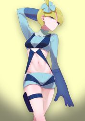 Rule 34 | 1girl, arm behind head, blonde hair, blue flower, blue gloves, blue jacket, blue shorts, blunt bangs, commentary request, cosplay, creatures (company), cropped jacket, elesa (pokemon), flower, game freak, gloves, grey eyes, gym leader, hair flower, hair ornament, highres, jacket, midriff, momihige, navel, nintendo, one side up, pokemon, pokemon bw, pouch, short hair, short shorts, shorts, skyla (pokemon), skyla (pokemon) (cosplay), solo, thigh pouch, turtleneck