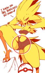 Rule 34 | 1girl, animated, animated gif, armpits, arms behind head, arms up, artist name, beak, bike shorts, bird tail, blush, breasts, claws, cleavage, covered erect nipples, creatures (company), diives, electricity, english text, feet, furry, furry female, game freak, gameplay mechanics, gen 1 pokemon, half-closed eyes, legendary pokemon, looking at viewer, nintendo, piercing, poke ball, pokemon, pokemon (creature), pokemon go, pokemon rgby, red eyes, signature, simple background, small breasts, solo, spread legs, standing, strapless, tail, text focus, tube top, white background, zapdos