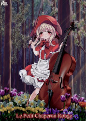 Rule 34 | 1girl, artist name, blonde hair, blush, bow, bow (music), cello, copyright name, dress, flower, forest, french text, frills, full body, instrument, little red riding hood, little red riding hood (grimm), looking at viewer, md5 mismatch, nature, outdoors, red bow, red dress, red eyes, red headwear, resolution mismatch, source larger, standing, yuzu project