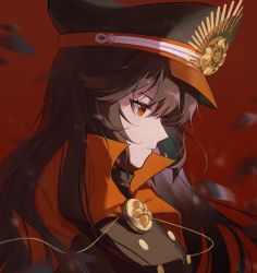 Rule 34 | 1girl, black hair, cape, chinese commentary, closed mouth, commentary request, crest, expressionless, family crest, fate/grand order, fate/type redline, fate (series), hair between eyes, hat, highres, jacket, koha-ace, light particles, long hair, looking away, military hat, oda nobunaga (fate), oda nobunaga (koha-ace), oda uri, peaked cap, red cape, red eyes, shulanbiande, solo, upper body, very long hair