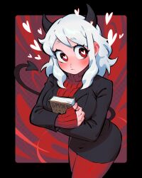 Rule 34 | 1girl, 333 (dqqqdle), blush, book, business suit, demon girl, demon horns, demon tail, formal, heart, heart-shaped pupils, helltaker, highres, holding, holding book, horns, looking to the side, modeus (helltaker), red eyes, short hair, suit, symbol-shaped pupils, tail, white hair
