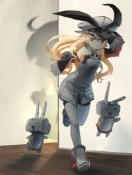 Rule 34 | 1girl, bismarck (kancolle), bismarck (kancolle) (cosplay), blush, chagen kokimu, cosplay, detached sleeves, grey thighhighs, hairband, hat, highres, kantai collection, long hair, long sleeves, military, military uniform, peaked cap, personification, rensouhou-chan, running, shadow, shimakaze (kancolle), sleeves past wrists, solo, thighhighs, uniform