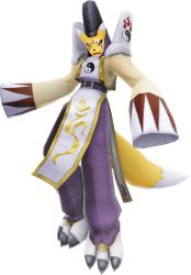 Rule 34 | 3d, belt, blue eyes, claws, digimon, digimon (creature), digimon world -next 0rder-, fox, full body, game model, hands in opposite sleeves, hat, long sleeves, monster, no humans, pants, purple pants, robe, solo, tabard, tail, taomon, tate eboshi, transparent background, white robe, yin yang