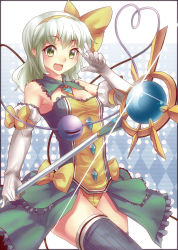 Rule 34 | 1girl, :d, adapted costume, alternate costume, bare shoulders, bow, female focus, gloves, green eyes, green hair, hairband, heart, heart of string, highres, kimagure ringo, komeiji koishi, magical girl, matching hair/eyes, open mouth, pinky out, short hair, smile, solo, staff, thighhighs, third eye, touhou, v, white gloves