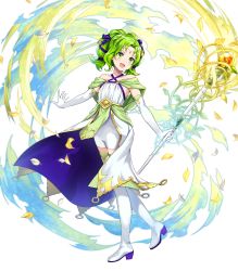 Rule 34 | 1girl, aged down, amagai tarou, bare shoulders, blush, boots, collarbone, criss-cross halter, dress, elbow gloves, falling leaves, female focus, fire emblem, fire emblem: the sacred stones, fire emblem heroes, full body, gloves, green eyes, green hair, hair ornament, halterneck, high heel boots, high heels, highres, holding, holding staff, jewelry, l&#039;arachel (fire emblem), leaf, long hair, looking away, matching hair/eyes, nintendo, official art, open mouth, petals, sleeveless, smile, solo, staff, thigh boots, thighhighs, transparent background, white footwear, white gloves