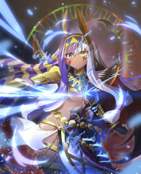 Rule 34 | 1girl, animal ears, bandaged arm, bandages, blue fire, cape, dark-skinned female, dark skin, earrings, facial mark, fate/grand order, fate (series), fire, hairband, highres, hoop earrings, jewelry, long hair, nitocris (fate), nitocris (third ascension) (fate), nitocris alter (fate), pelvic curtain, purple eyes, purple hair, transformation, tsuezu, white hair, yellow eyes