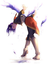Rule 34 | 00s, 1boy, absurdres, black eyes, black hair, highres, leaning forward, long hair, looking at viewer, looking back, male focus, armored boots, official alternate costume, outstretched arms, ponytail, solo, soysae, spread arms, standing, tales of (series), tales of vesperia, uniform, white background, wings, yuri lowell