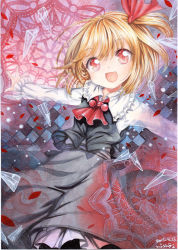 Rule 34 | 1girl, ascot, blonde hair, dated, fang, hair ribbon, long sleeves, looking at viewer, mosho, open mouth, outstretched arms, painting (medium), red eyes, ribbon, rumia, shirt, signature, skirt, skirt set, smile, solo, touhou, traditional media, vest, watercolor (medium)