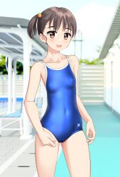Rule 34 | 1girl, absurdres, black hair, blue one-piece swimsuit, brown eyes, collarbone, commentary request, competition school swimsuit, contrapposto, covered navel, highres, indoors, one-piece swimsuit, open mouth, original, poolside, round teeth, school swimsuit, short hair, side ponytail, solo, stairs, standing, swimsuit, takafumi, teeth, upper teeth only, variant set