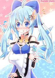 Rule 34 | 1girl, ahoge, alternate breast size, alternate costume, alternate hair length, alternate hairstyle, blue eyes, blue hair, blush, bow, bowtie, breasts, cirno, cleavage, cleavage cutout, clothing cutout, detached sleeves, hair bow, hair ornament, heart, highres, ice, ice wings, long hair, medium breasts, open mouth, sidelocks, solo, star (symbol), sweatdrop, touhou, twintails, twitter username, upper body, wings, yurume atsushi
