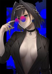 Rule 34 | 1girl, blue eyes, blue nails, breasts, breasts apart, chain, chain headband, choker, closed mouth, commentary, earrings, english commentary, eyebrows hidden by hair, glasses, head chain, heart, heart choker, highres, hololive, hololive english, jewelry, large breasts, nail polish, no bra, ouro kronii, ribbon earrings, rimless eyewear, ro g (oowack), round eyewear, virtual youtuber