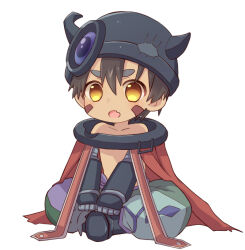 Rule 34 | 1boy, :o, android, brown hair, cape, chana gon, chibi, collar, collarbone, damaged, facial mark, facial tattoo, fake horns, fang, full body, green shorts, hair between eyes, helmet, horned helmet, horns, indian style, light blush, looking at viewer, made in abyss, male focus, mechanical arms, mechanical hands, mechanical legs, metal collar, multicolored clothes, multicolored shorts, on ground, open mouth, pants, purple shorts, red cape, regu (made in abyss), robot, shorts, sitting, slit pupils, solo, tattoo, topless male, two-tone pants, v-shaped eyebrows, v arms, yellow eyes