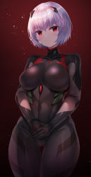 Rule 34 | 1girl, absurdres, ayanami rei, black background, black bodysuit, black gloves, bodysuit, breasts, closed mouth, commentary request, covered collarbone, evangelion: 3.0 you can (not) redo, expressionless, gloves, gradient background, hair between eyes, hairpods, highres, interface headset, large breasts, looking at viewer, nano (syoutamho), neon genesis evangelion, own hands together, plugsuit, rebuild of evangelion, red background, red eyes, short hair, silver hair, skin tight, solo, standing, thigh gap