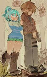 Rule 34 | 1boy, 1girl, alternate hair length, alternate hairstyle, aqua (konosuba), ashley graham, ashley graham (cosplay), black pants, blue eyes, boots, breasts, brown footwear, brown hair, character request, check character, cosplay, green eyes, green skirt, gun, handgun, holding, holding gun, holding weapon, knee boots, kono subarashii sekai ni shukufuku wo!, large breasts, leon s. kennedy, leon s. kennedy (cosplay), long sleeves, looking at another, open mouth, pants, parted lips, pleated skirt, resident evil, resident evil 4, satou kazuma, shoes, short hair, skirt, sneakers, thought bubble, wamudraws, weapon