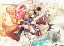 Rule 34 | 1girl, abstract, asai genji, blonde hair, candy wrapper, copyright name, earth (planet), expressionless, full body, guitar, hair ribbon, headphones, highres, instrument, kneehighs, long sleeves, looking at viewer, orange eyes, outstretched arms, planet, pleated skirt, ribbon, saotome tsukasa, school uniform, serafuku, shoes, skirt, sleeves past wrists, socks, solo, spread arms, sugar+spice!, surreal, tareme, two side up, wallpaper, zoom layer
