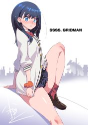 Rule 34 | 1girl, black hair, black skirt, blue eyes, blush, bow, cardigan, cardigan tug, collared shirt, commentary request, copyright name, gridman universe, highres, koume keito, loafers, long hair, long sleeves, looking at viewer, microskirt, open mouth, orange scrunchie, pleated skirt, red bow, red neckwear, red socks, school uniform, scrunchie, shirt, shoes, sitting, skirt, socks, solo, ssss.gridman, sweater, takarada rikka, thighs, white cardigan, white shirt, white sweater, wrist scrunchie