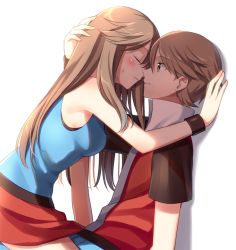 Rule 34 | 1boy, 1girl, blue shirt, blush, brown eyes, brown hair, closed eyes, closed mouth, commentary request, cowgirl position, creatures (company), face-to-face, from side, game freak, hair flaps, hetero, leaf (pokemon), long hair, looking at another, nintendo, pokemon, pokemon frlg, popped collar, red (pokemon), red skirt, scbstella, shirt, short hair, short sleeves, sidelocks, skirt, sleeveless, sleeveless jacket, sleeveless shirt, straddling, sweatdrop, wristband