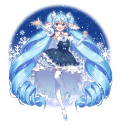 Rule 34 | 1girl, absurdly long hair, aqua boe, aqua eyes, aqua hair, artist name, artist request, bare shoulders, beamed eighth notes, blue bow, blue dress, blue eyes, blue footwear, blue hair, blue nails, blush, bow, breasts, center frills, choker, cleavage, collarbone, detached sleeves, dress, drill hair, eighth note, female focus, frilled skirt, frills, full body, hatsune miku, high heels, highres, juliet sleeves, kaori hanao, long hair, long sleeves, musical note, nail polish, nails, pantyhose, print skirt, puffy sleeves, shirt, shoes, skirt, small breasts, smile, snowflake background, snowflake print, solo, standing, standing on one leg, strapless, striped, striped sleeves, tiara, twintails, vertical stripes, very long hair, vocaloid, white choker, white pantyhose, white shirt, white skirt, white sleeves, yuki miku, yuki miku (2019)